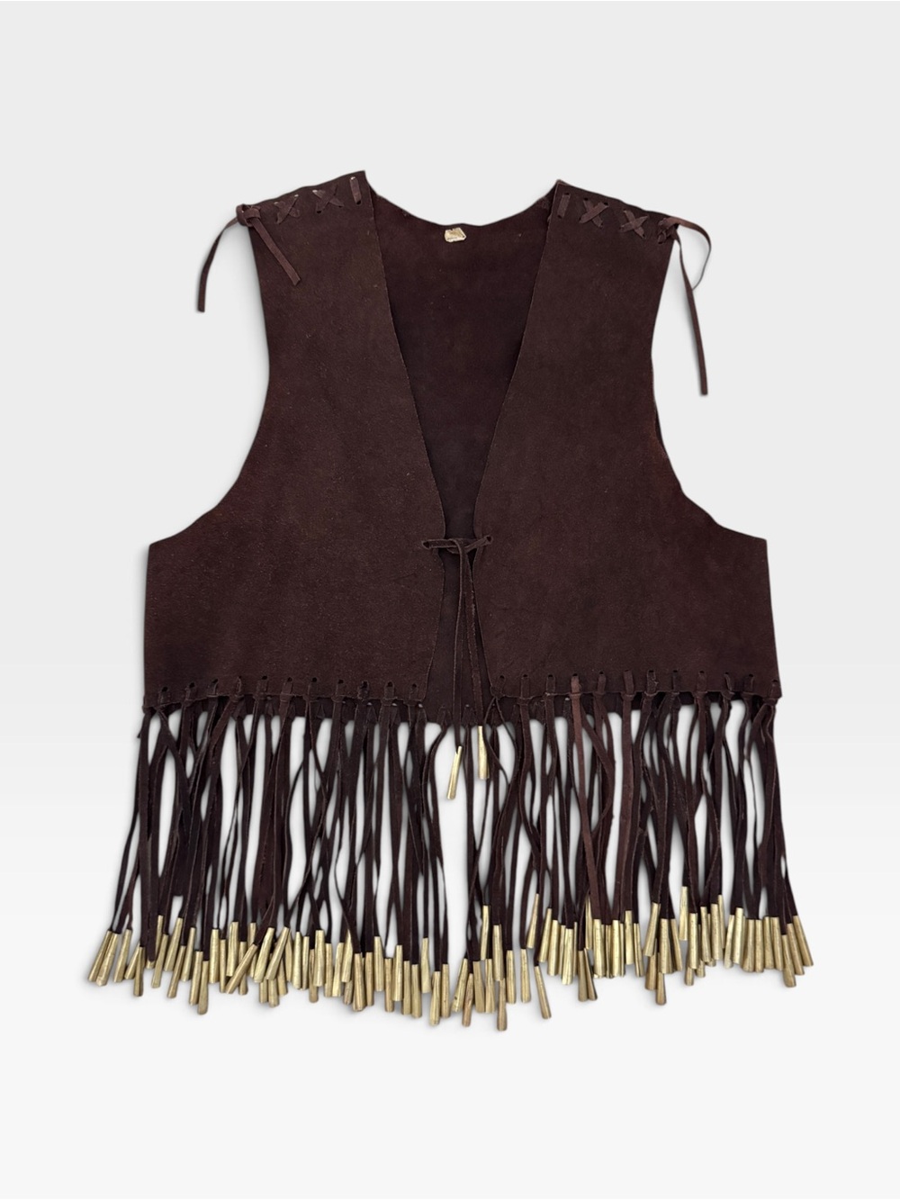 VTG Handmade Brown Suede Western Brass Tipped Fringe Vest, Women’s XS/S
